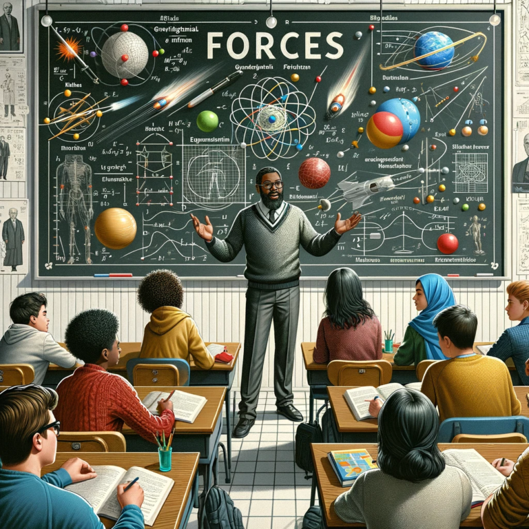 DALL·E 2023-12-26 17.22.24 - A detailed educational illustration depicting the concept of forces in physics. The image showcases a classroom environment with a large, prominent bl