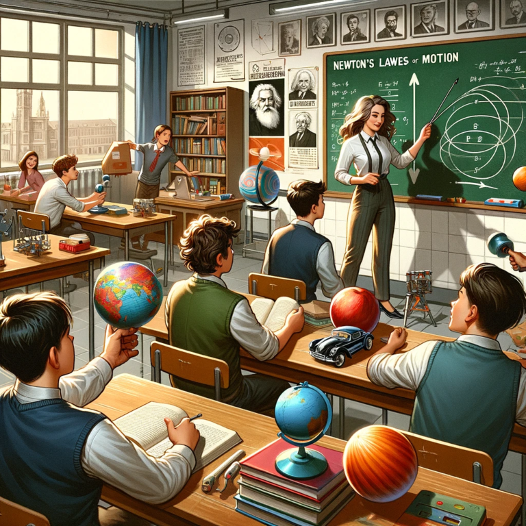 DALL·E 2024-01-14 16.48.04 - A classroom scene showing a physics teacher and students engaged in an interactive lesson about force and motion. The teacher is pointing to a diagram