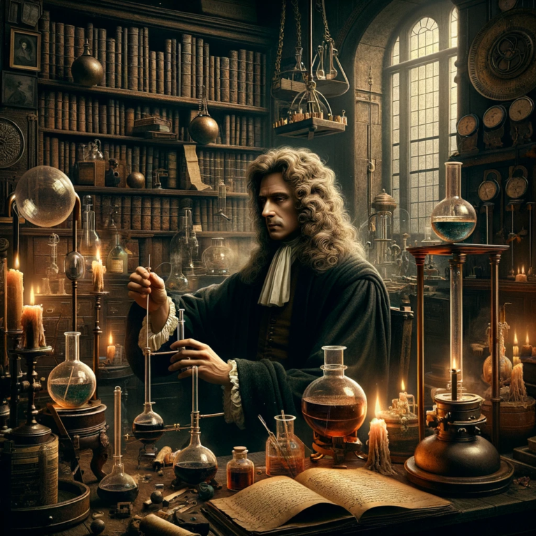 DALL·E 2024-01-31 18.35.12 - Isaac Newton in his study, surrounded by alchemical equipment such as alembics, scrolls, mysterious substances, and a dimly lit room filled with books