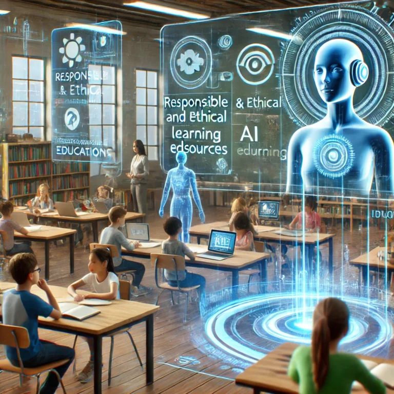 DALL·E 2025-03-03 17.04.18 - A futuristic classroom where students and teachers interact with AI-powered tools. A large digital screen displays educational content, while a hologr